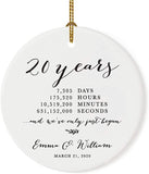 Andaz Press Personalized Name Round Porcelain Ceramic 20Th Wedding Anniversary Christmas Tree Ornament Gift, 20 Years, 7305 Days, 175320 Hours, 10519200 Minutes, 631152000 Seconds, 1-Pack