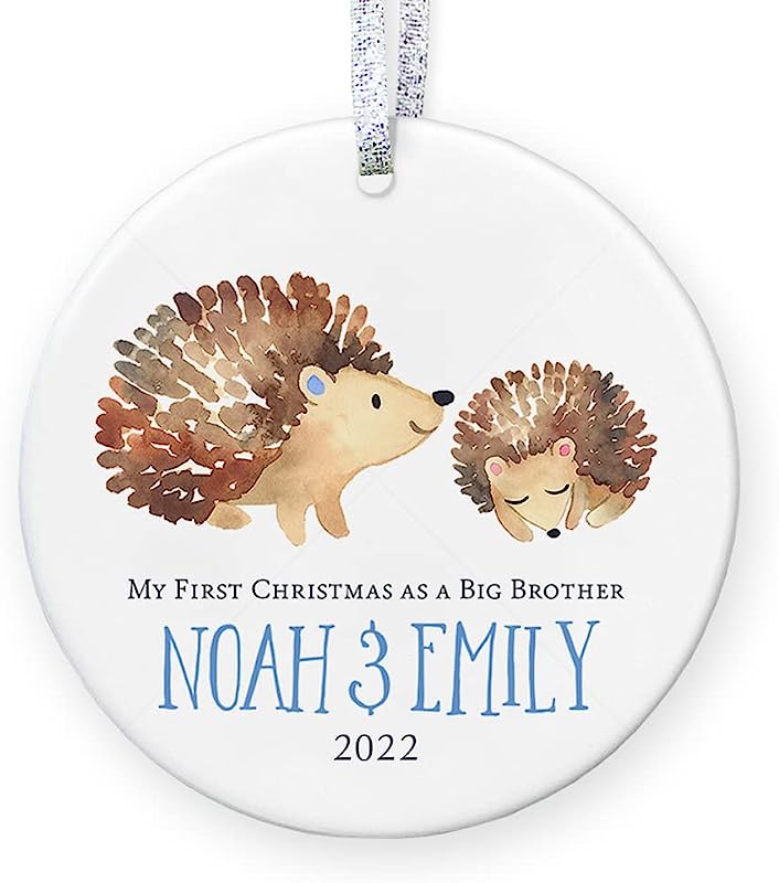 Promoted To Big Brother Christmas Ornament , Personalized Brother And Sister Gift, New Baby Sister Sibling Xmas Keepsake - 3" Flat Circle Ceramic Ornament - Gold & Silver Ribbon   Pgm-Or-106C
