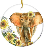 Christmas Tree Ornament Elephant And Sunflower Pattern Ceramic Ornament， Holiday Ornament Friends Gift， Ceramic Holiday Decoration 2.9In
