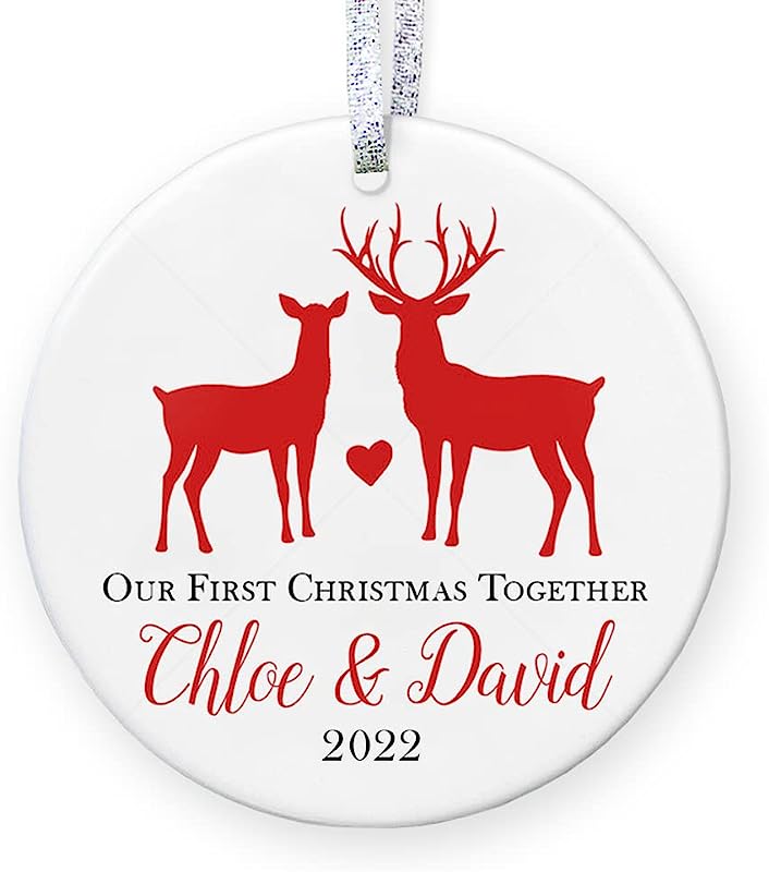 Our 1St Christmas Together , First Christmas As Boyfriend Girlfriend Ornament, Gift For New Couple Stocking Stuffer - 3" Flat Circle Boho Porcelain Ornament - Gold & Silver Ribbon   Pgm-Or-68C