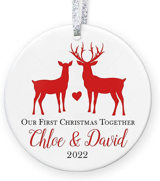 Our 1St Christmas Together , First Christmas As Boyfriend Girlfriend Ornament, Gift For New Couple Stocking Stuffer - 3" Flat Circle Boho Porcelain Ornament - Gold & Silver Ribbon   Pgm-Or-68C