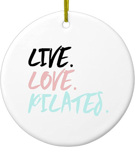 Hanging Ceramic Christmas Tree Ornament With Gold String - Great Gift/Present - 2 3/4 Inch Diameter - Live. Love. Pilates.