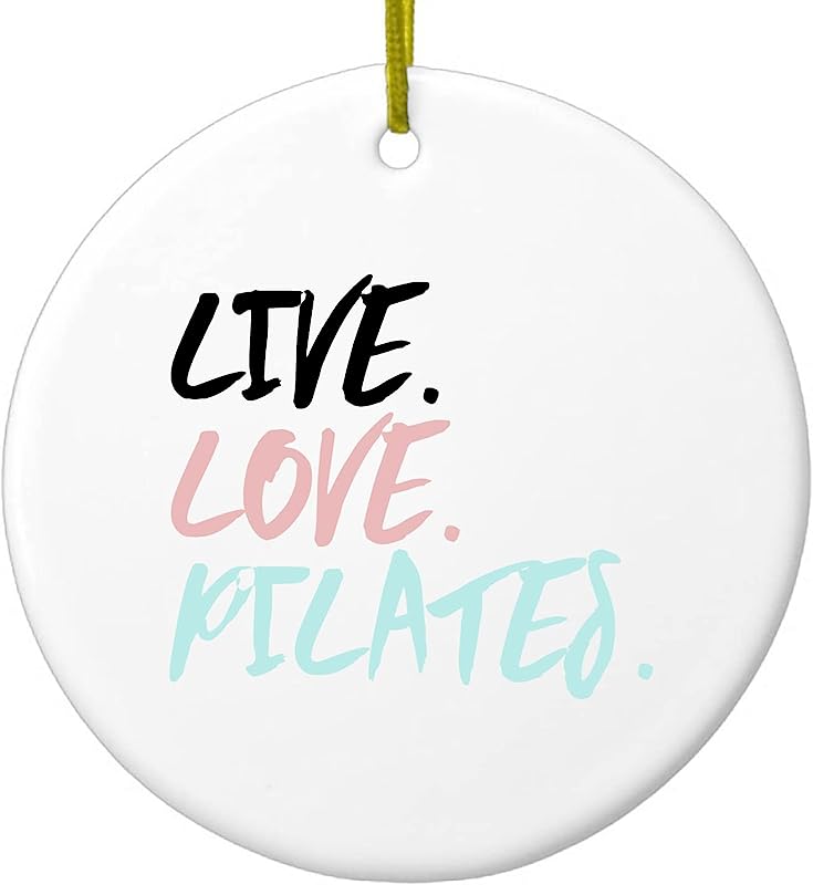 Hanging Ceramic Christmas Tree Ornament With Gold String - Great Gift/Present - 2 3/4 Inch Diameter - Live. Love. Pilates.