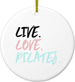 Hanging Ceramic Christmas Tree Ornament With Gold String - Great Gift/Present - 2 3/4 Inch Diameter - Live. Love. Pilates.