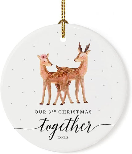 Andaz Press Custom Year 3Rd Wedding Anniversary Round Ceramic Porcelain Christmas Tree Ornament Keepsake Collectible Gift, Our 3Rd Christmas Together , Woodland Deer, 1-Pack With Gift Box