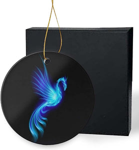 Hanging Christmas Tree Ornaments 3 Inch, Burning Blue Phoenix Fire Flame Bird Over Black