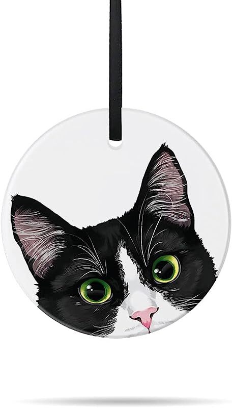 Wirester Ceramic Porcelain Hanging Ornaments For Christmas Tree Holidays, Party, Home, Office Decoration, Large 3 Inch Ready To Hang Ornament - Black White Tuxedo Cat