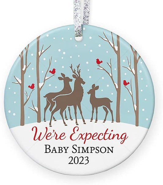 Personalized Expecting Parents Ornament , Baby Reveal Deer Family, Pregnancy Announcement Baby Shower Gifts - 3" Flat Circle Ceramic Ornament - Gold & Silver Ribbon   Pgm-Or-37