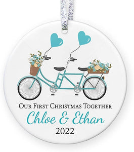 Our First Christmas Together Personalized Christmas Ornament , Floral Bicycle Gift For Girlfriend Boyfriend - 3" Flat Circle Porcelain Ornament - Gold & Silver Ribbon   Pgm-Or-85C