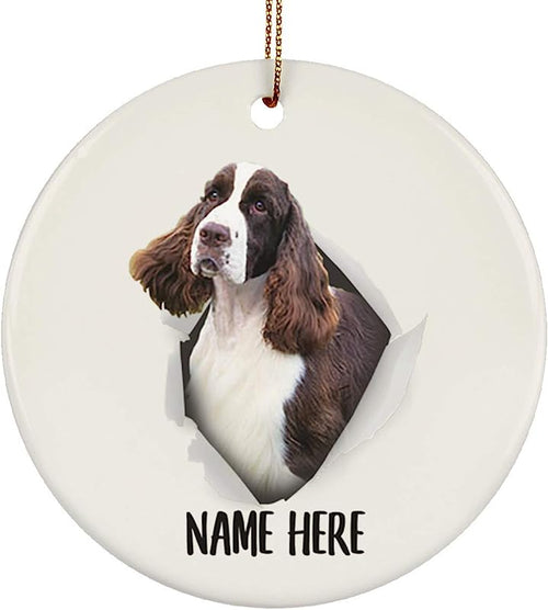 Cute English Springer Spaniel White Red Personalized Name Gifts  Christmas Tree Ornaments Ceramic Circle