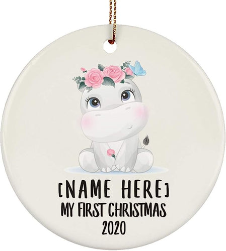 Personalized Name Custom Year Hippo Hippopotamus Baby New Years 2024 Decorations Gifts First  Christmas Tree Ornaments Ceramic Circle