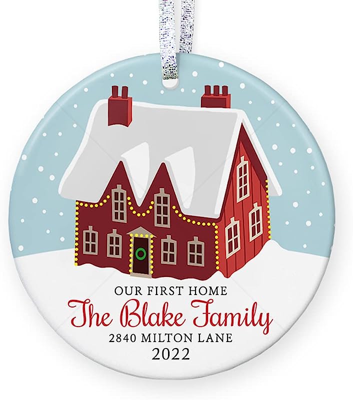 Our First Home Christmas Ornament , House Warming Gift For Family, Christmas Gift For Family Moving - 3" Flat Circle Porcelain Ceramic Ornament - Gold & Silver Ribbon   Pgm-Or-22C