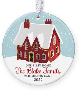 Our First Home Christmas Ornament , House Warming Gift For Family, Christmas Gift For Family Moving - 3" Flat Circle Porcelain Ceramic Ornament - Gold & Silver Ribbon   Pgm-Or-22C