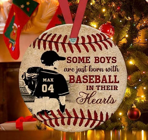 Personalized Some Boys With Baseball In Their Hearts Circle Ornament Ceramic Ornaments Christmas Tree Hanging Pine Tree Decorations, Multi-Colored