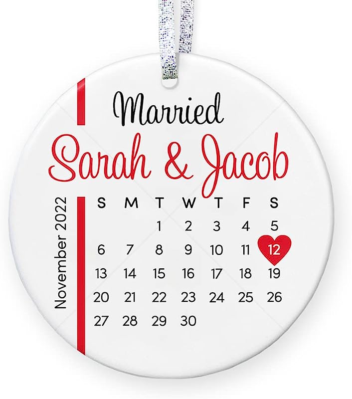 Personalized Wedding Christmas Ornament , Wedding Gift For Bride Groom, Customize Names Date - 3" Flat Circle Ceramic Ornament - Gold & Silver Ribbon   Pgm-Or-89A