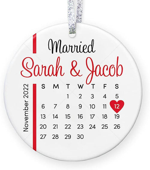 Personalized Wedding Christmas Ornament , Wedding Gift For Bride Groom, Customize Names Date - 3" Flat Circle Ceramic Ornament - Gold & Silver Ribbon   Pgm-Or-89A