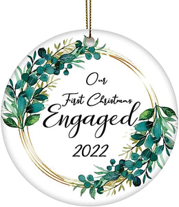 Our First Christmas Ornament , First Christmas Married Ornament , Engagement Ornament , Gifts For Couples Newly Engaged Unique, Engaged Christmas Ornament , Round Ceramic Ornament