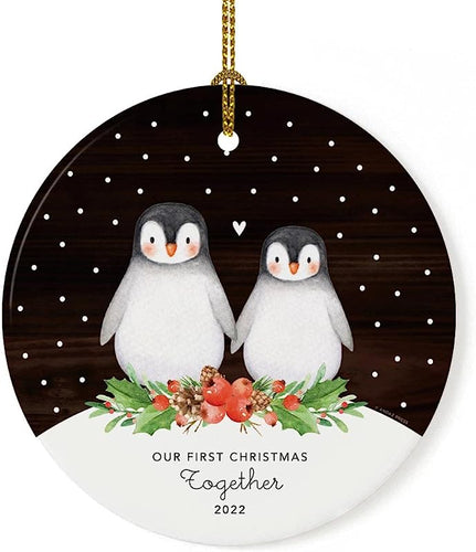 Andaz Press Round Ceramic Porcelain Christmas Tree Ornament Keepsake Anniversary Collectible Gift, Our First Christmas Together , Watercolor Penguin Rustic Wood, 1-Pack, Ribbon Gift Box