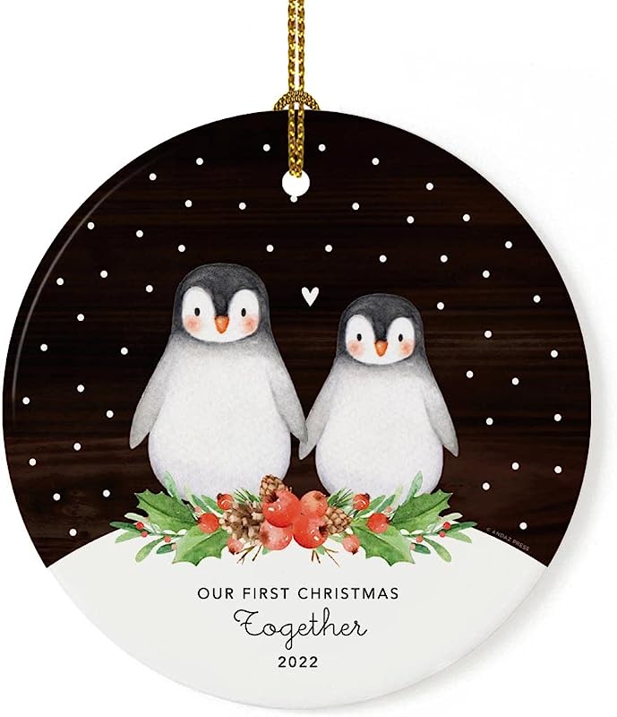 Andaz Press Round Ceramic Porcelain Christmas Tree Ornament Keepsake Anniversary Collectible Gift, Our First Christmas Together , Watercolor Penguin Rustic Wood, 1-Pack, Ribbon Gift Box