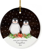 Andaz Press Round Ceramic Porcelain Christmas Tree Ornament Keepsake Anniversary Collectible Gift, Our First Christmas Together , Watercolor Penguin Rustic Wood, 1-Pack, Ribbon Gift Box
