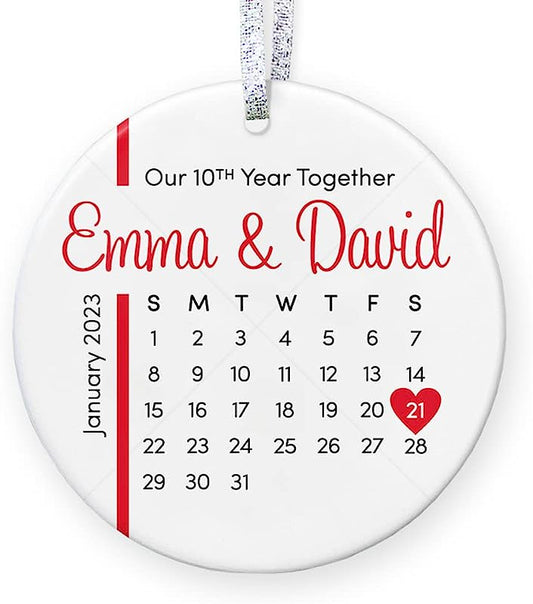 Personalized  Anniversary Gift For Her, Anniversary Christmas Ornament For Married Couple With Names Date, 1St 5Th 10Th Any Date - 3" Flat Circle Ornament - Gold & Silver Ribbon   Pgm-Or-92