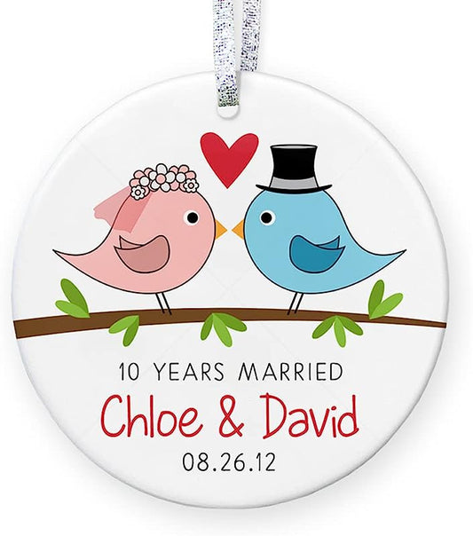 1St Year Anniversary Gifts, 2Nd 3Rd 5Th 10Th Anniversary Gift For Her, Personalized Wedding Anniversary Keepsake With Names Dates - 3" Flat Circle Ceramic Ornament - Gold & Silver Ribbon   Pgm-Or-74B