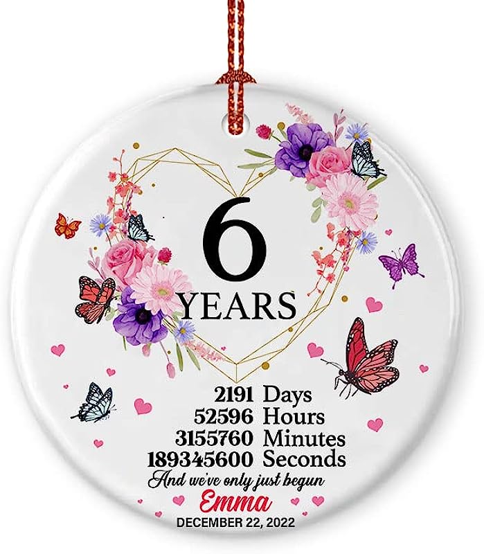 Prezzy 6 Years As Mr & Mrs Ornament  Personalized 6Th Wedding Anniversary Ornament For Christmas Tree Ornaments Keepsake Xmas Gifts For Couples Parents Newlyweds Hanging Ceramic Circle 3''