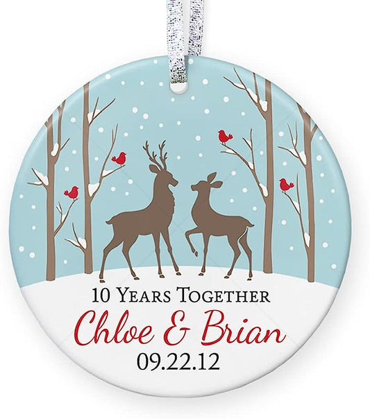 Personalized Anniversary Gift For Her, Anniversary Christmas Ornament For Married Couple With Names Date, 1St 2Nd 5Th 10Th 20Th - 3" Flat Circle Porcelain Ornament - Gold & Silver Ribbon   Pgm-Or-35