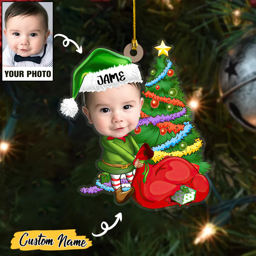 Baby Elf And Christmas Tree Custom Photo With Name Ornament CTH01