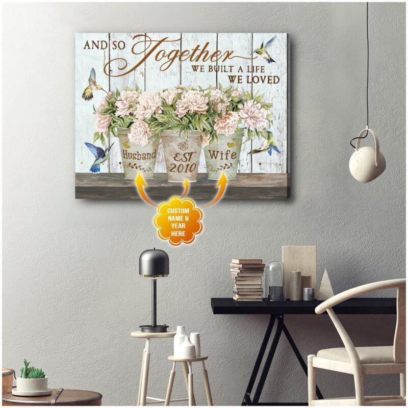 Hummingbird Couple Name and Year And so together we built a life Canvas And Poster, Wall Decor Visual Art