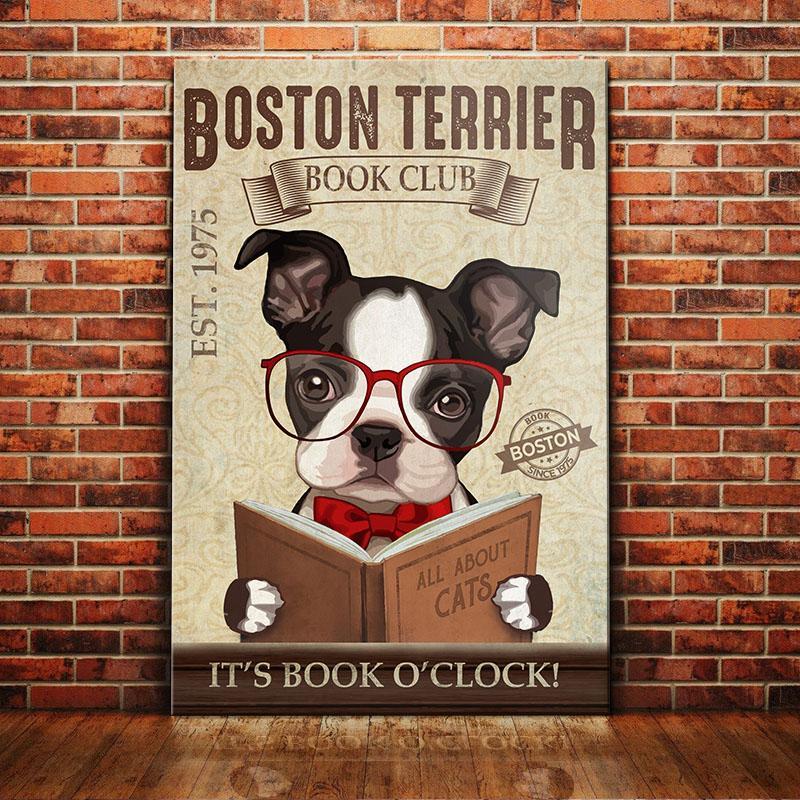 Boston Terrier Dog Book Club Canvas Wall Art, Wall Decor Visual Art