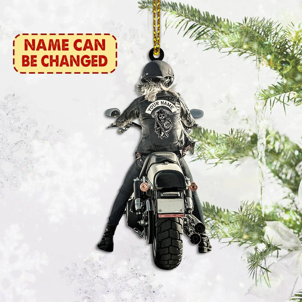 Personalized Lady Biker Back Shape Ornament Two Sides