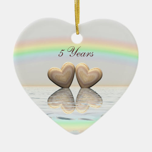 5Th Anniversary Wooden Hearts Ceramic Ornament