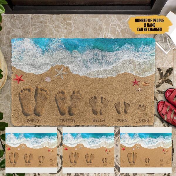 Family Sand Footprints On The Beach Personalized Doormat