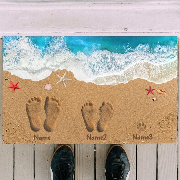 Family Sand Footprints On The Beach Personalized Doormat