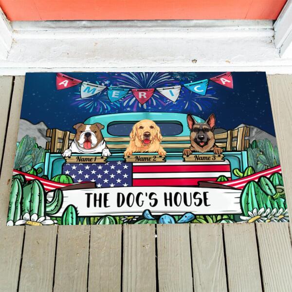 The Dog Family In Beautiful Work Fire Sky Catus Indepenence Day Personalized Doormat