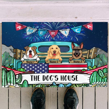 The Dog Family In Beautiful Work Fire Sky Catus Indepenence Day Personalized Doormat