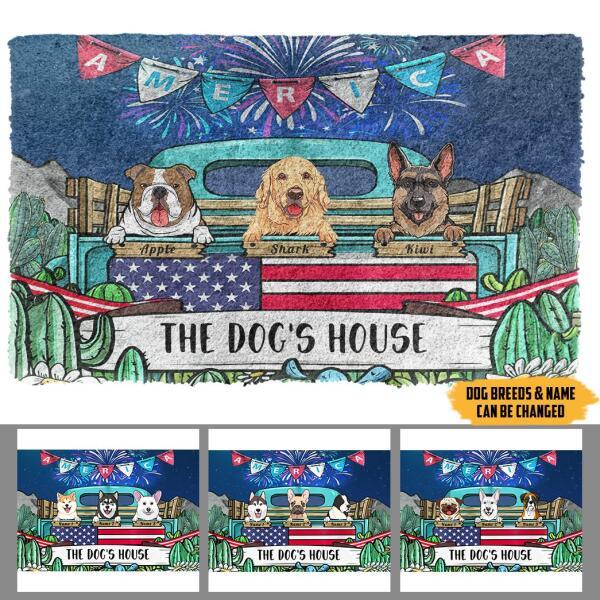 The Dog Family In Beautiful Work Fire Sky Catus Indepenence Day Personalized Doormat