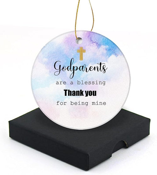 Godparents Christmas Ornament  Round Christmas Tree Ornaments Keepsake Gifts For Family Lovers Friend Neighbors Home Decor Flat Circle Ceramic Ornament 3" With A Gift Box