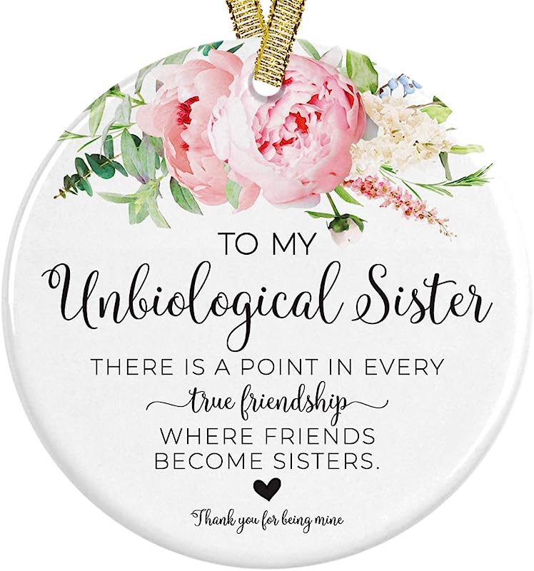 Unbiological Soul Sisters  Best Friends Or Besties Friendship Bff Ceramic Round Ornament, 3" Flat Circle With Metallic Gold Ribbon + Free Gift Box, Friends Become Sisters