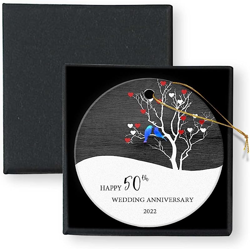 Happy 50Th Wedding Anniversary  Anniversary Ornament  Christmas Ornament Keepsake Round Ceramic With Gift Box Christmas Tree Ornament For Christmas Tree Decorations