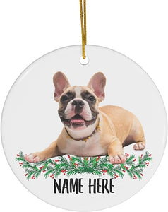 Personalized Name Fawn French Bulldog Gifts  Christmas Tree Ornaments Circle Ceramic