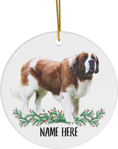 Funny Personalized Name Saint Bernard White Red Gifts  Christmas Tree Ornaments Circle Ceramic