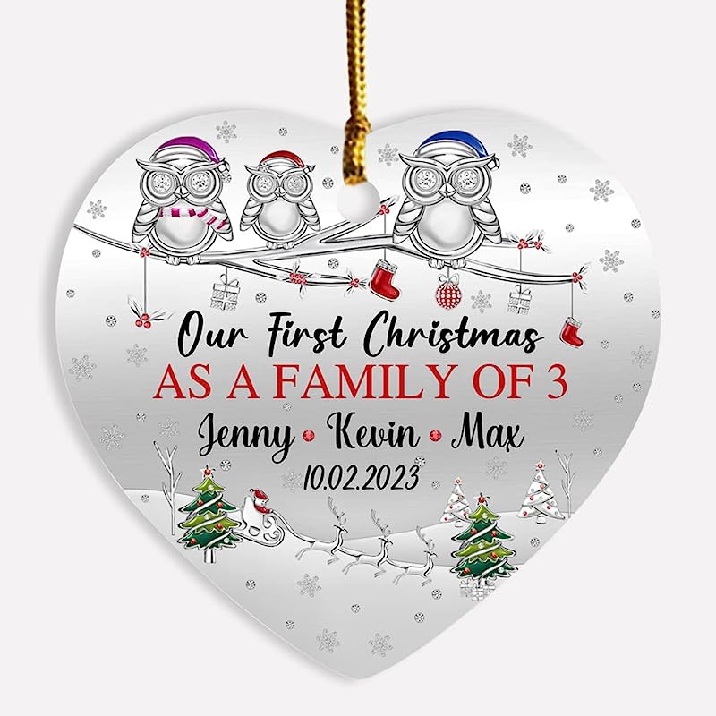 1St Xmas As A Family Of 3 Owl Ornament Gift For New Parents New Dad New Mom Xmas , Personalized Our First Christmas As A Family Of 3 Ornament, Customized Date & Name Family Of 3 Owl Ornament Gift