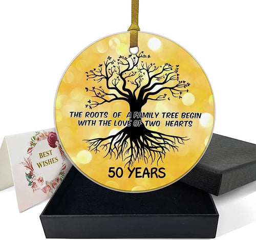 50Th Wedding Anniversary Ornament Family Tree Decoration 50 Years As Mr And Mrs Holiday Keepsake Married Anniversary For Couple Gifts 3" Circle Ceramic Ornament With Gold Ribbon & Gift Box