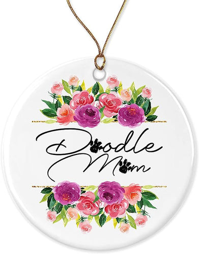 Doodle Mom Christmas Ornament - Gift Ceramic Holiday Decoration Present Porcelain 3'' Flat With Gold Ribbon Both Sides