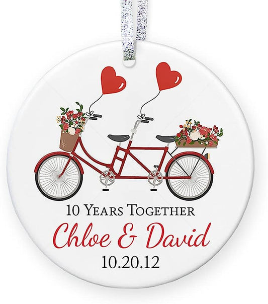 Personalized Anniversary Gift For Her,  Christmas Ornament For Married Couple With Names Date, 1St 2Nd 5Th 10Th 20Th - 3" Flat Circle Porcelain Ornament - Gold & Silver Ribbon   Pgm-Or-85D