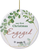 Our First Christmas Engaged Ornaments Wreath Ceramic Keepsake To Remember Holiday Decoration Gift For Couple-To-Be New Home Married Wedding Shower Decoration 3"