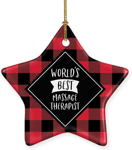 Andaz Press Star Ceramic Porcelain Christmas Tree Ornament Keepsake Gift, World'S Best Massage Therapist, Plaid, 1-Pack, Birthday Gift Ideas Coworker Him Her, Includes Gift Box
