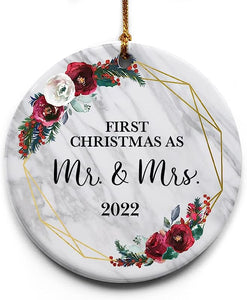 1St Christmas As Mr. And Mrs. -Geometric Marble- Ceramic Christmas Tree Ornament Holiday Keepsake 2.875" Round Ornament In Gift Box With Bow-Wedding